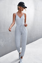 Women's Casual Jumpsuit with Deep V-Neck and Adjustable Waist