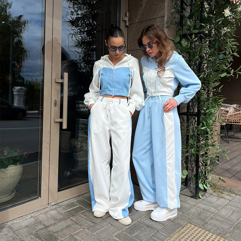 Women's Casual Two-Piece Leisure Set with Hoodie and Wide-Leg Pants