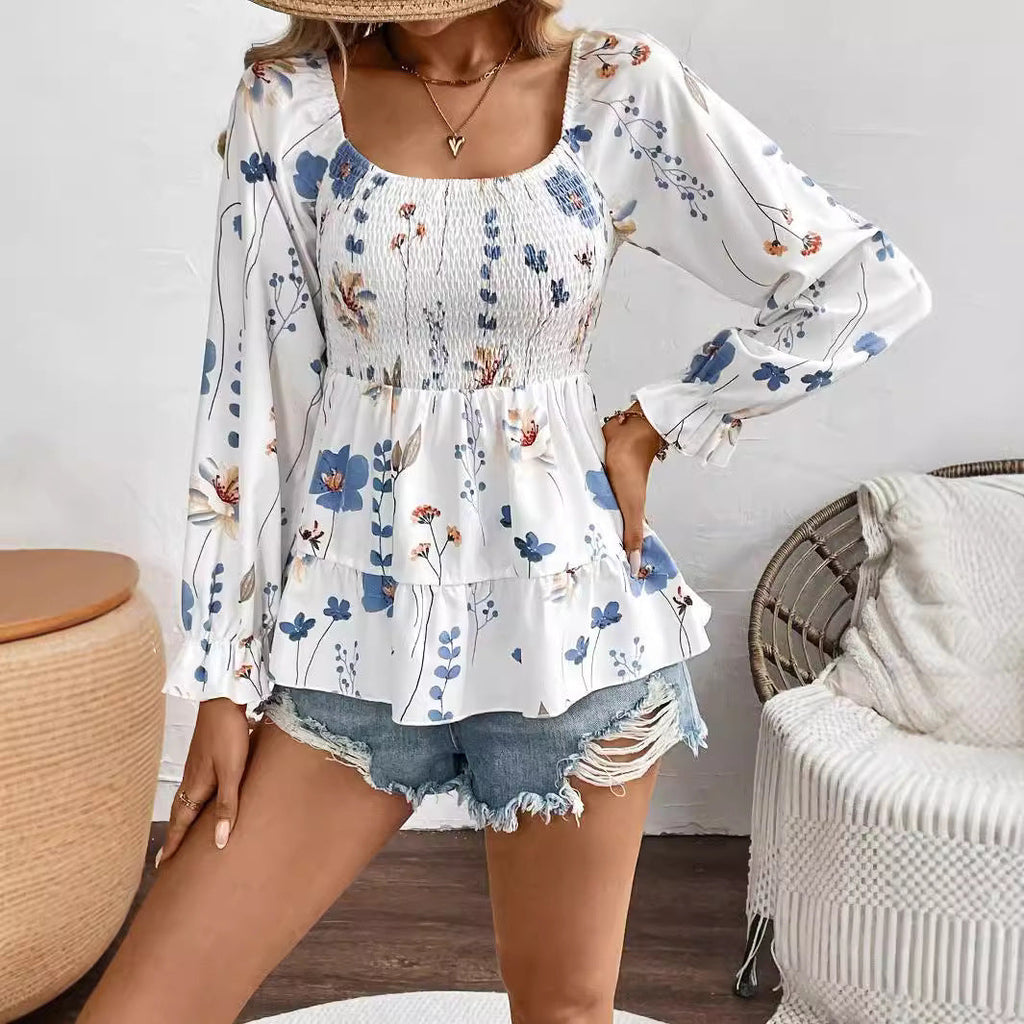 Women's Blouse with Floral Patterns and Voluminous Sleeves