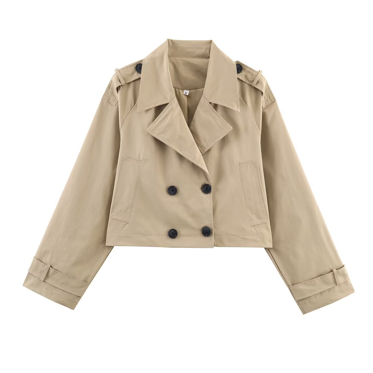 Women's Cropped Trench Coat with Double-Breasted Button Placket