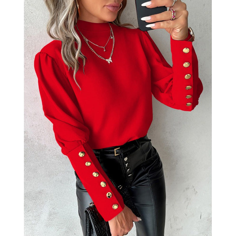 Elegant Blouse with Puff Sleeves and Gold Button Details