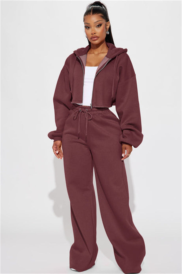 Women's Fleece Hooded Crop Top and Wide-Leg Jogger Lounge Set