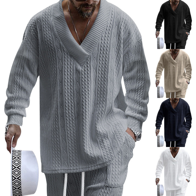 Men's cable knit set with deep V-neck and drawstring joggers