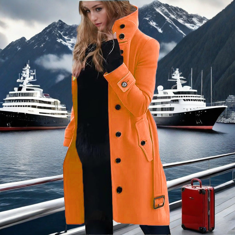Elegant Trench Coat with High Collar and Double-Breasted Button Placket
