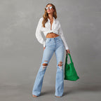 Women's High-Waist Flared Jeans with Distressing
