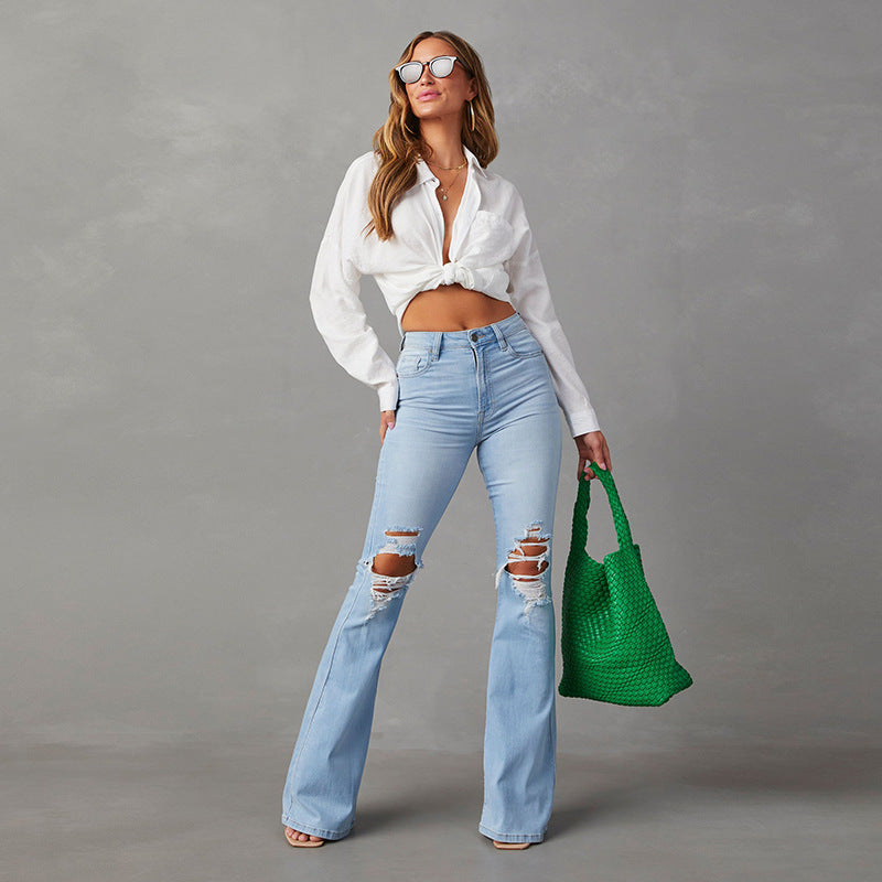 Women's High-Waist Flared Jeans with Distressing