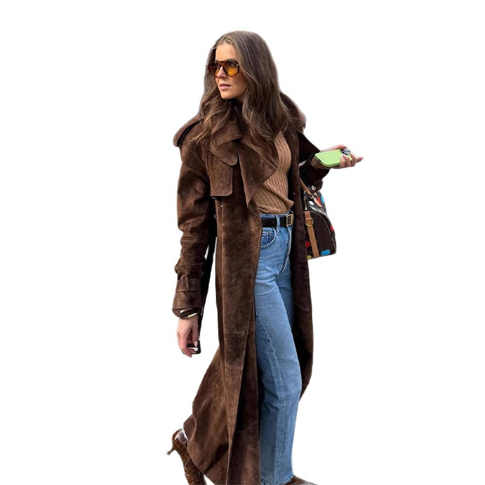 Women's Long Vegan Leather Coat with Distinctive Flaps