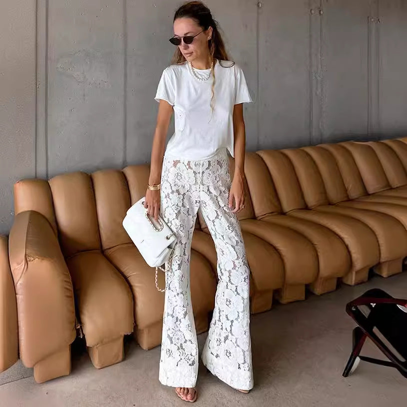 Women's Elegant Wide-Leg Lace Pants with Floral Details