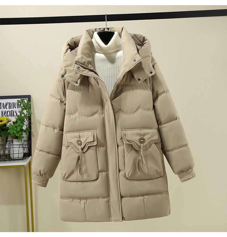 Women's Long Puffer Jacket with Practical Hooded Collar and Large Pockets