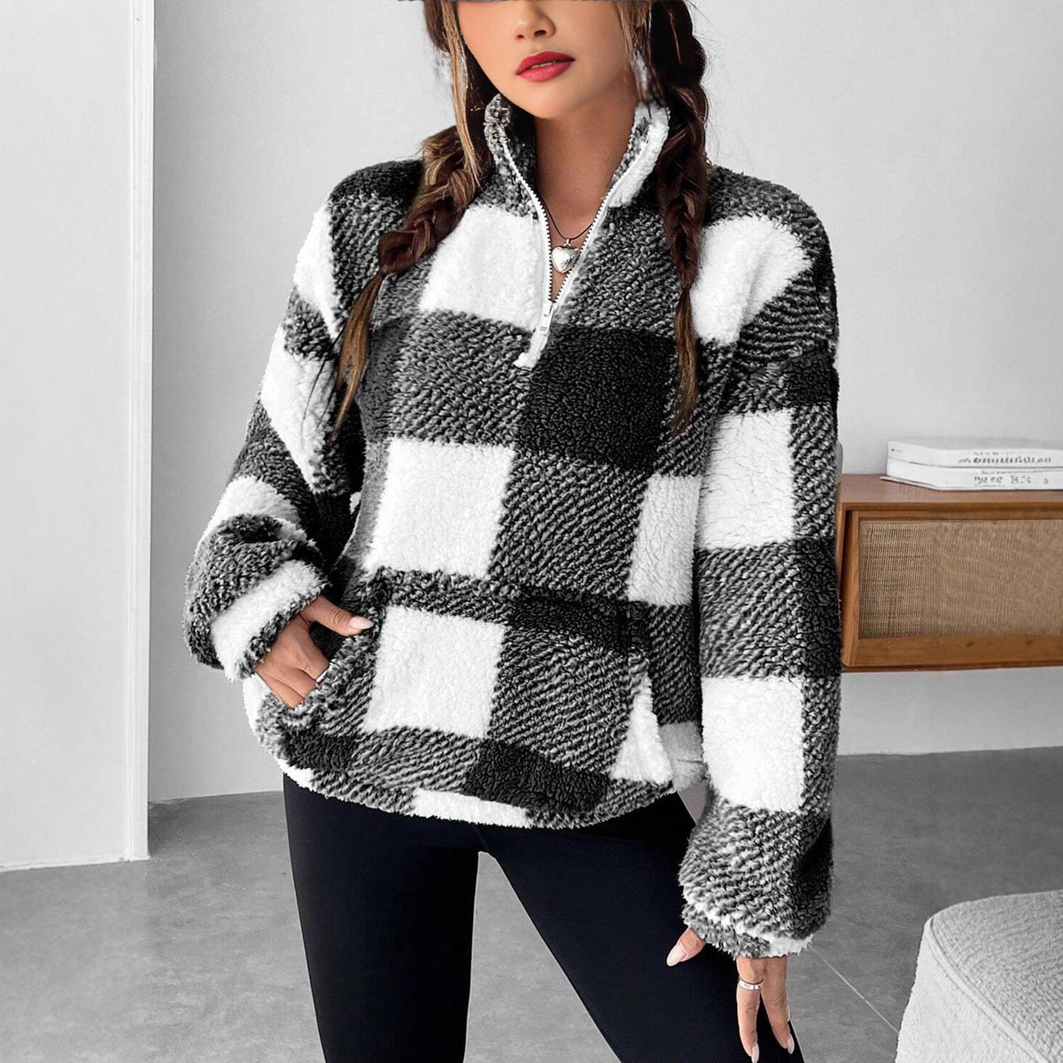 Women's Fluffy Plaid Pullover with Half-Zip