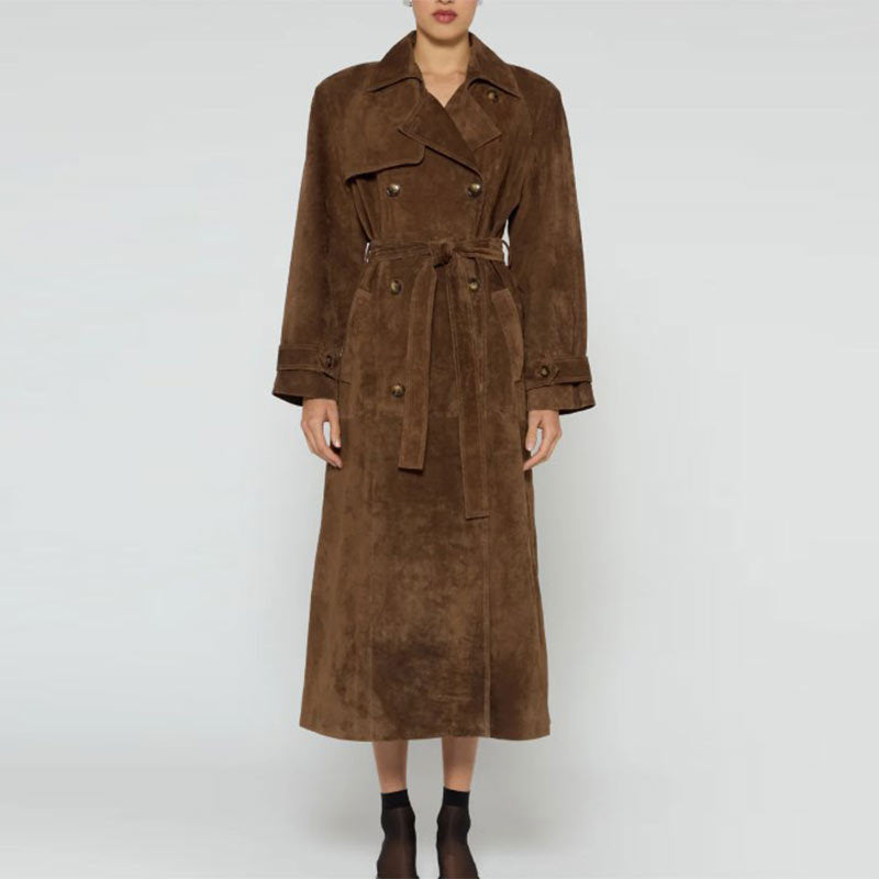 Women's Elegant Suede Trench Coat with Tailored Fit and Detachable Belt