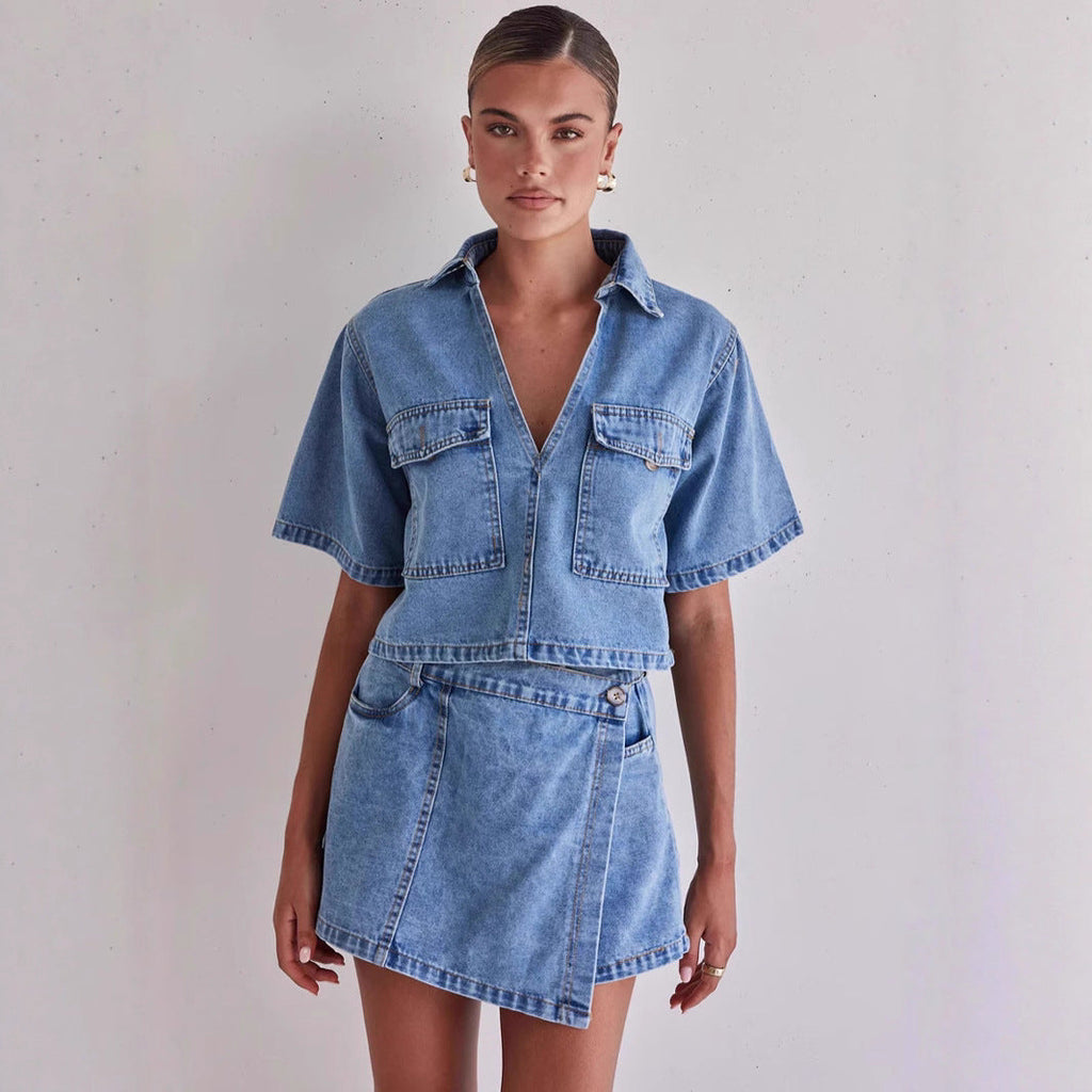 Denim Crop Shirt and Skirt Set