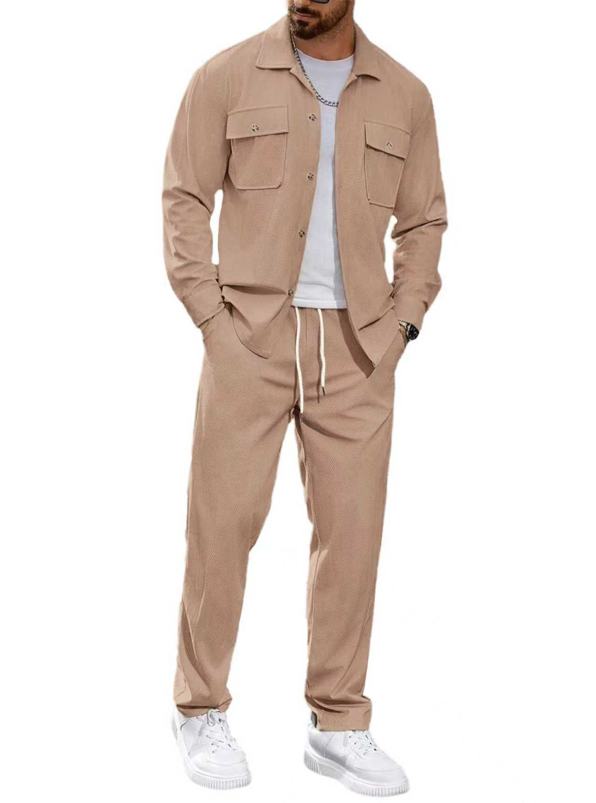 Men's Casual Two-Piece Shirt Jacket and Drawstring Pants Set