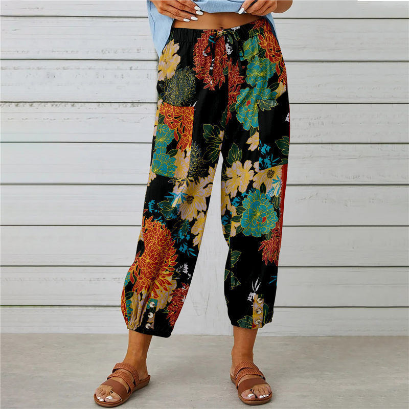 Women's Elegant Summer Trousers with Floral Pattern