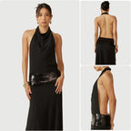 Women's Evening Dress with Cowl Neck and Glitter Waist