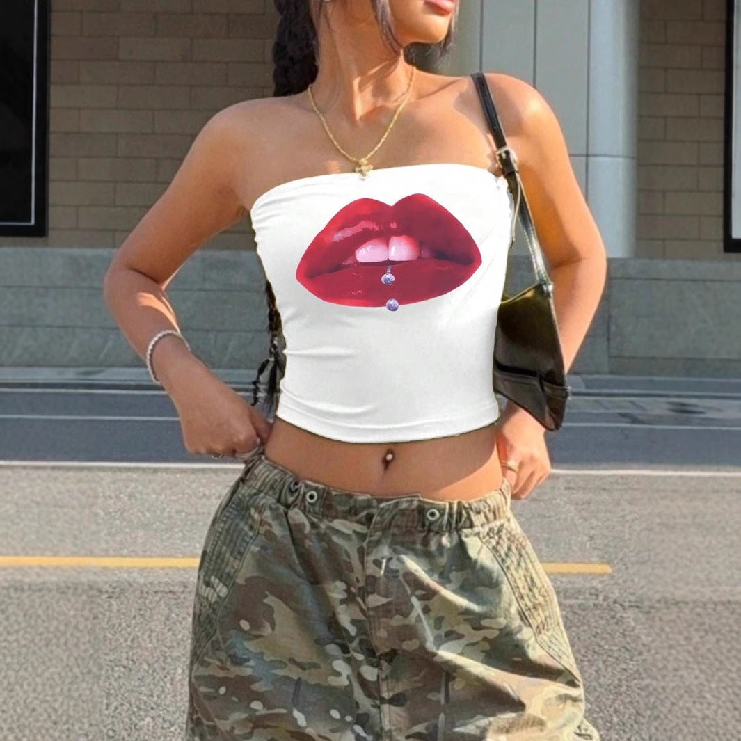 Women's Bandeau Top with Lip Motif and Fitted Cut