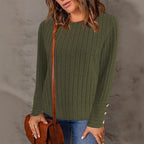 Women's Fine Knit Pullover with Ribbed Texture and Button Details