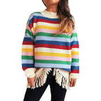 Women's Adorable Sweater with Fringe and Colorful Stripe Pattern