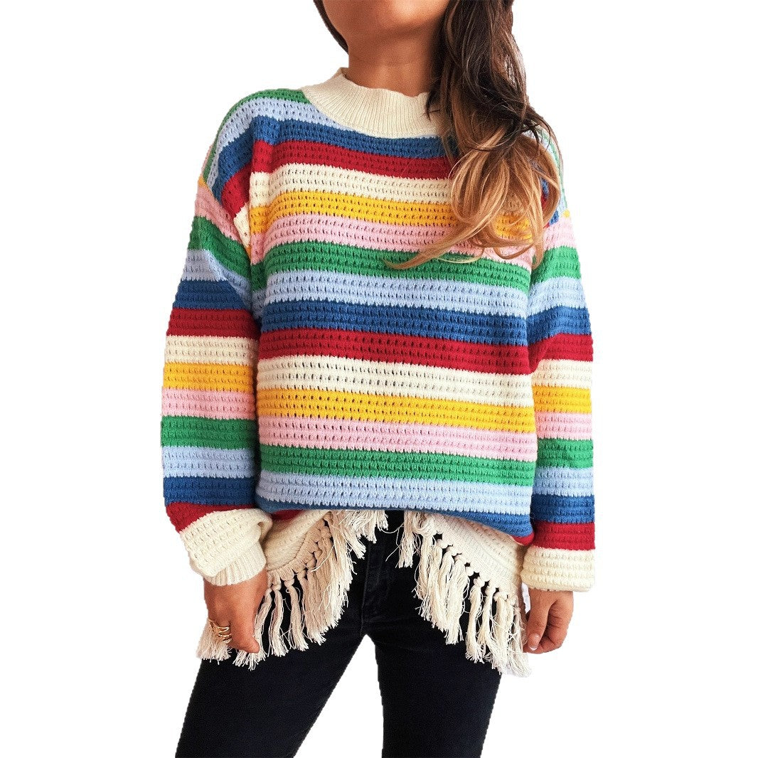 Women's Adorable Sweater with Fringe and Colorful Stripe Pattern
