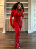 Figure-Hugging Tracksuit with Zipper and Flared Leg