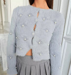 Women's Fluffy Knit Cardigan with Jeweled Buttons and Elegant Cut