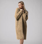 Women's Fluffy Long Knit Coat with Side Slit and Loose Fit