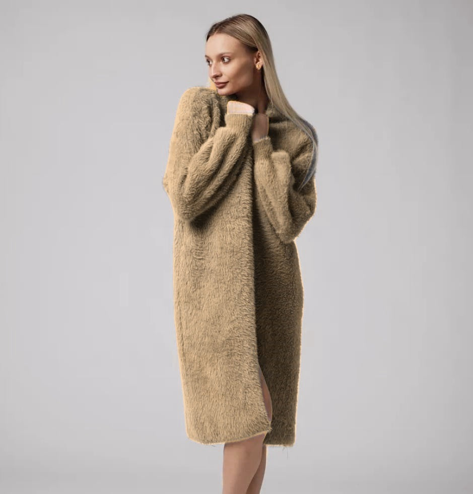 Women's Fluffy Long Knit Coat with Side Slit and Loose Fit