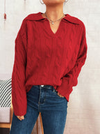Women's Chunky Knit Sweater with Colorful Cable Design and Classic Collar