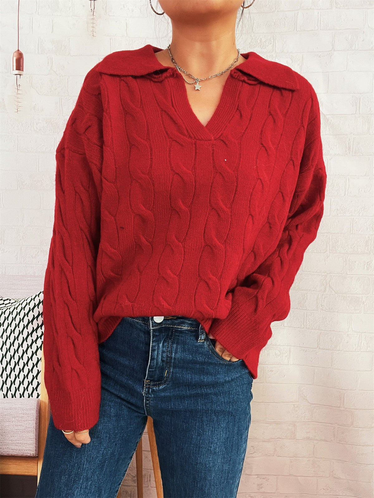 Women's Chunky Knit Sweater with Colorful Cable Design and Classic Collar
