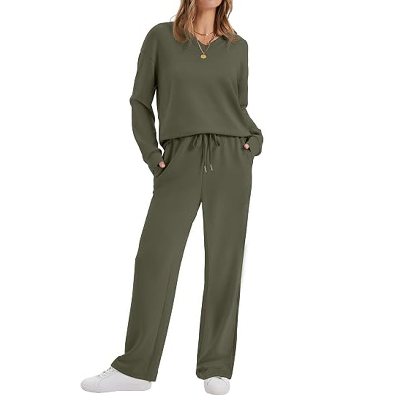 Women's Casual Lounge Set with V-Neck Sweatshirt and Loose Drawstring Pants