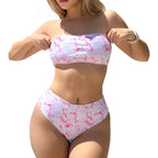 Women's Bandeau Bikini with High Waist and Marble Design