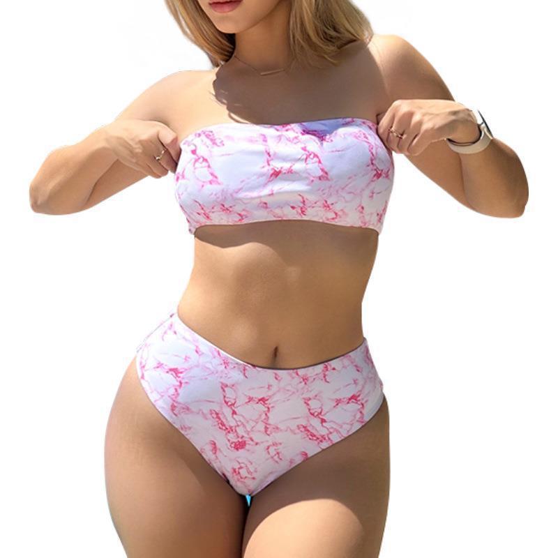 Women's Bandeau Bikini with High Waist and Marble Design