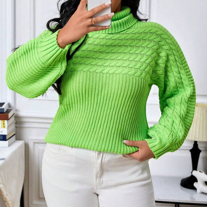 Women's Chunky Knit Sweater with Wide Turtleneck and Voluminous Sleeves