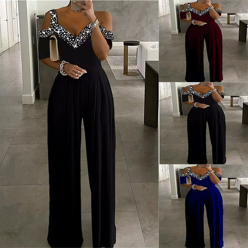 Elegant Women's Jumpsuit with Off-Shoulder Cut & Glittering Neckline