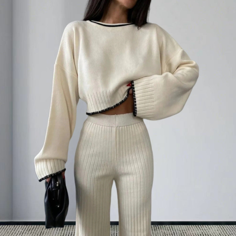 Elegant Knit Suit with Wide-Leg Trousers