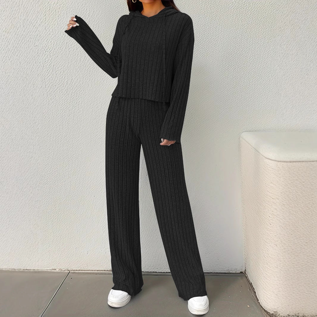 Women's Casual Knit Lounge Set with Hood and Wide Cut