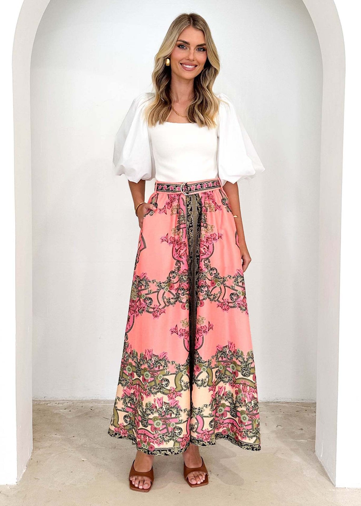 Women's Maxi Skirt with Ornate Embellishments and Elastic Waistband