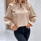 Women's Elegant Blouse with Ruffle Details and Tie Neck