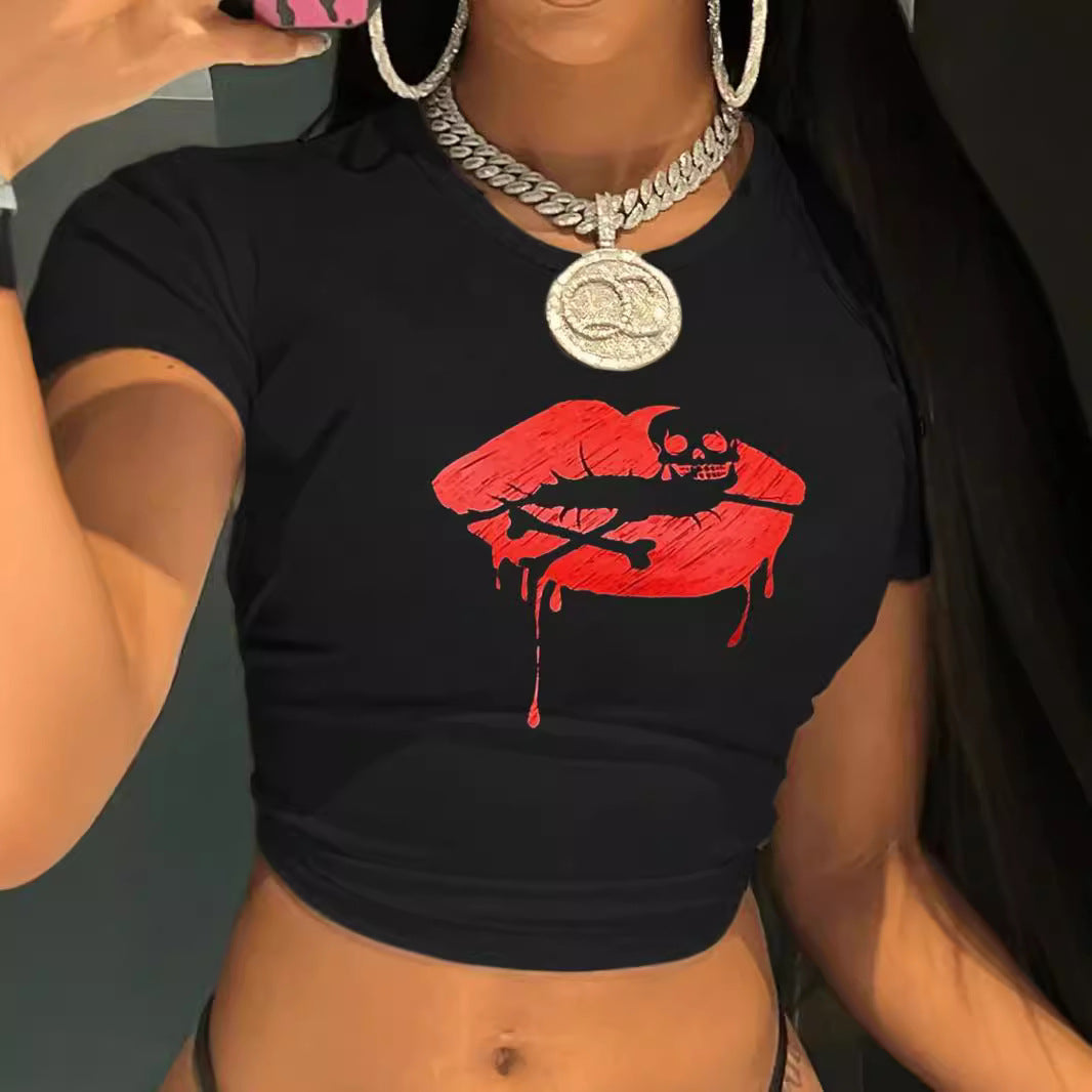 Women's Crop T-Shirt with Creative Lip Print