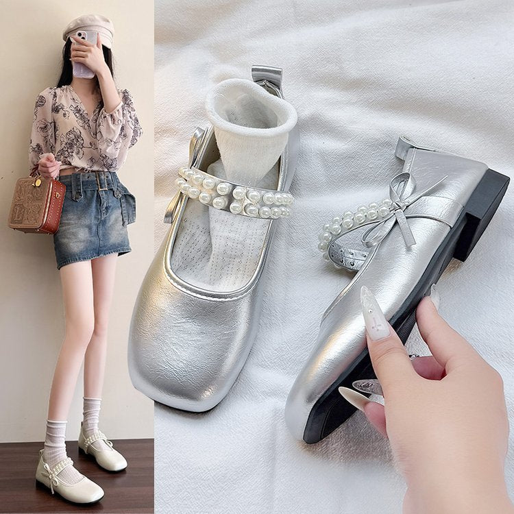 Women's Ballet Flats with Decorative Pearl Strap and Bow Accent