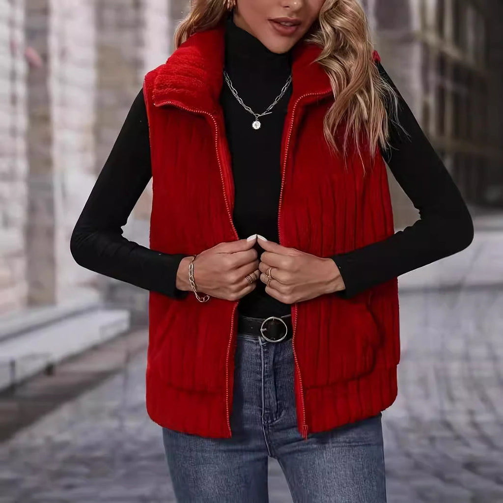 Women's Fluffy Plaid Vest with Pockets