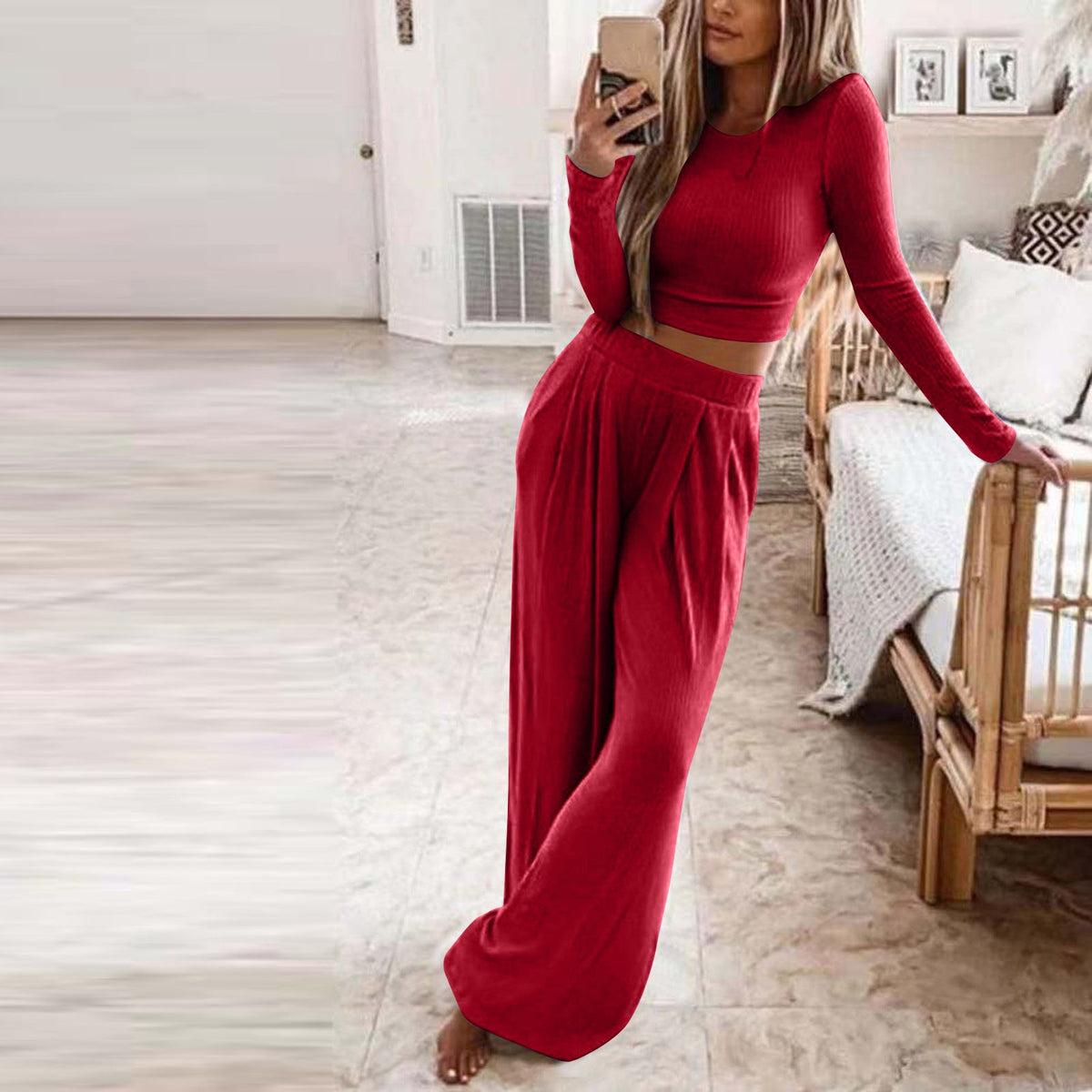 Women's Elegant Long-Sleeve Wide-Leg Lounge Set