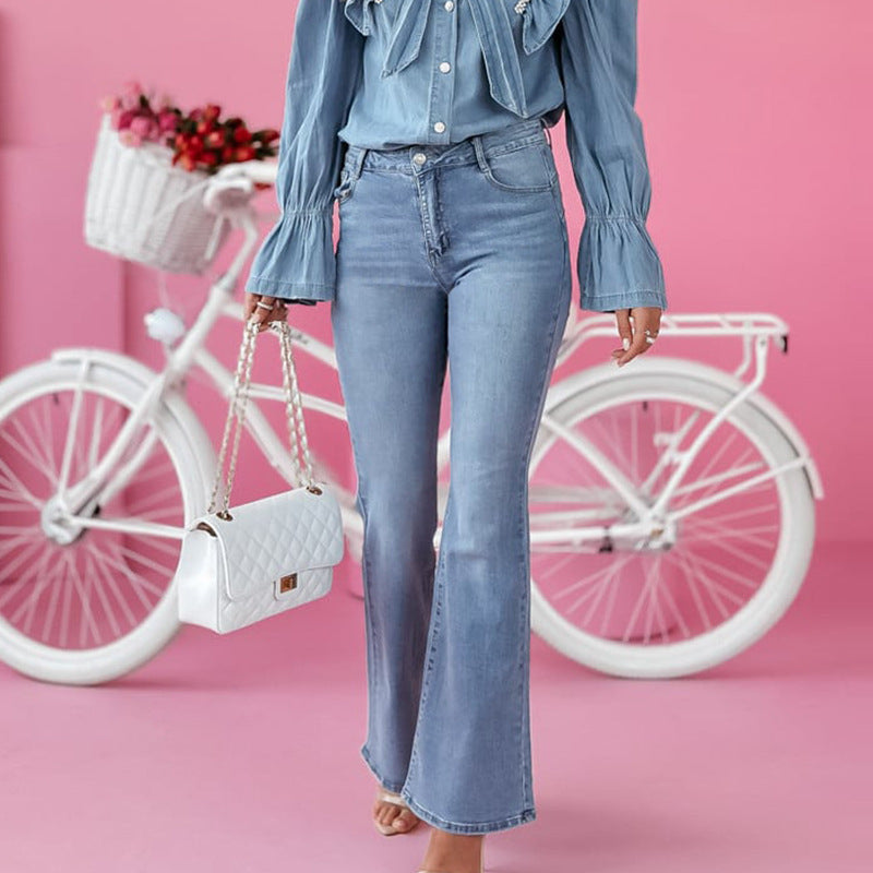 Women's Denim Shirt with Ruffles and Bow Details