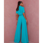 Women's Elegant Short-Sleeve Blouse and Palazzo Pants Ensemble