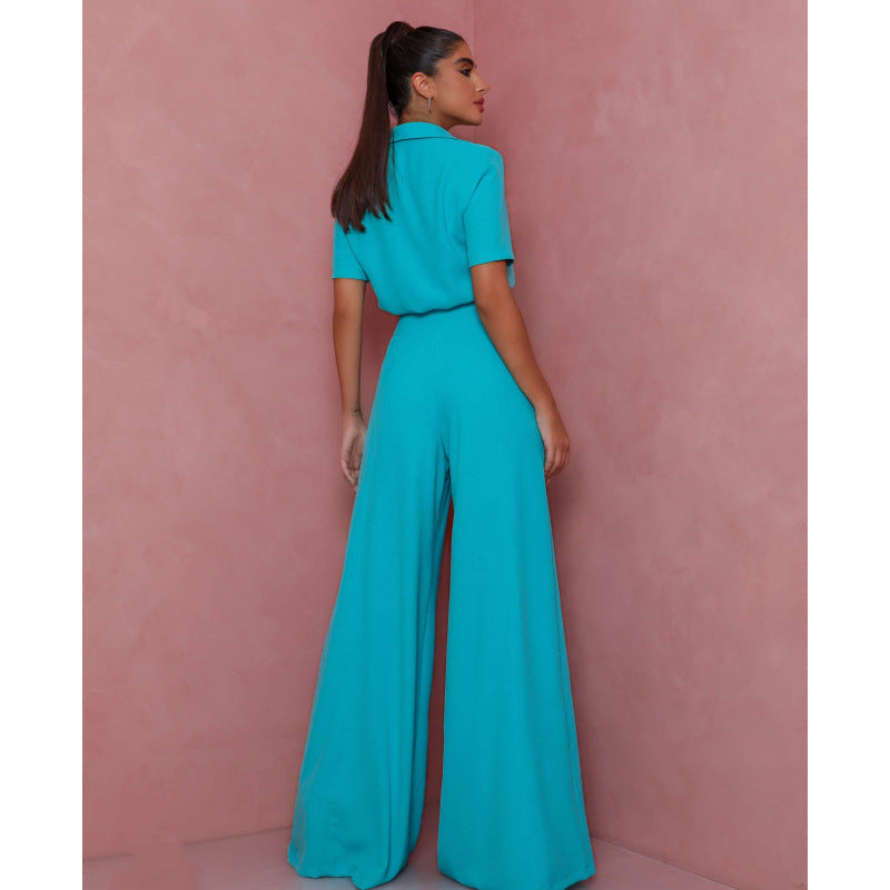 Women's Elegant Short-Sleeve Blouse and Palazzo Pants Ensemble