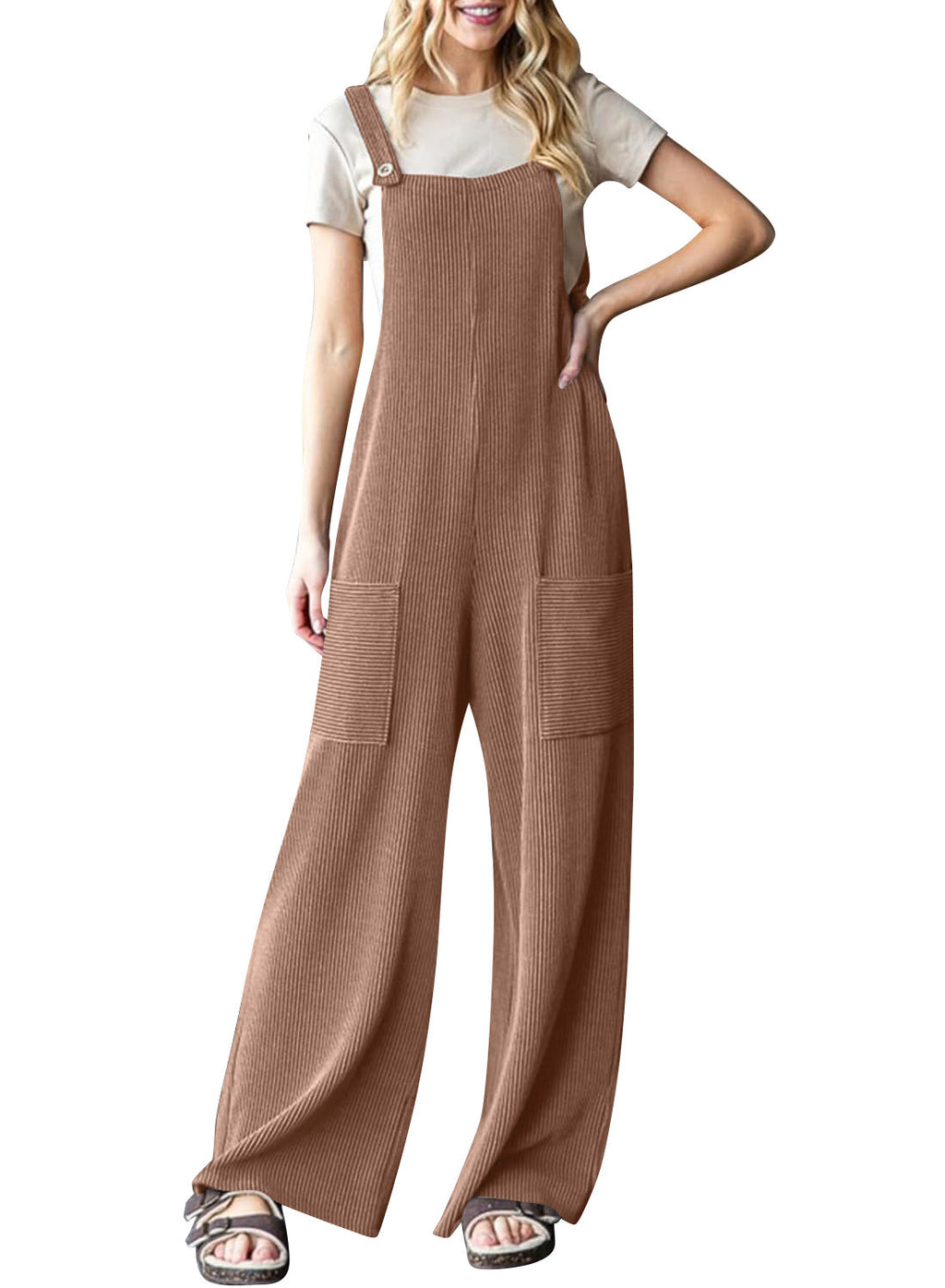 Women's Casual Corduroy Overalls with Pockets and Wide Legs