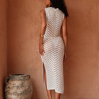 Elegant Knitted Maxi Dress with Pattern and Side Slit