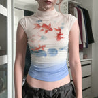 Women's Fitted T-Shirt with Elegant Goldfish Illustration