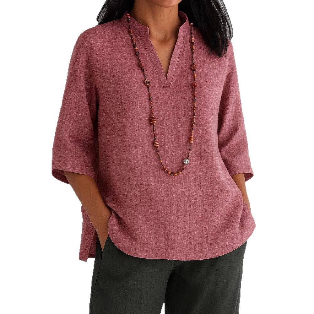 Casual V-Neck Blouse with Side Pockets