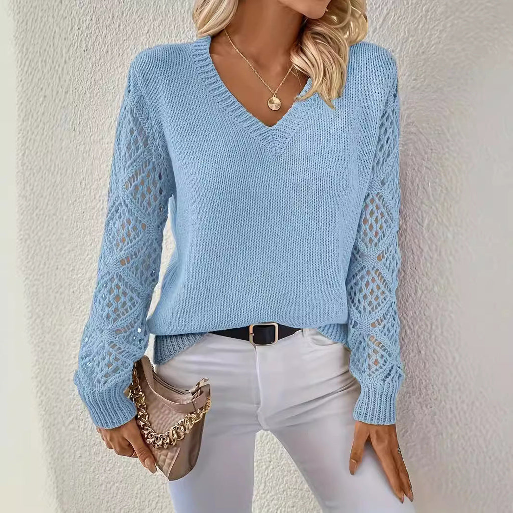 Elegant V-Neck Knit Sweater with Crocheted Sleeves